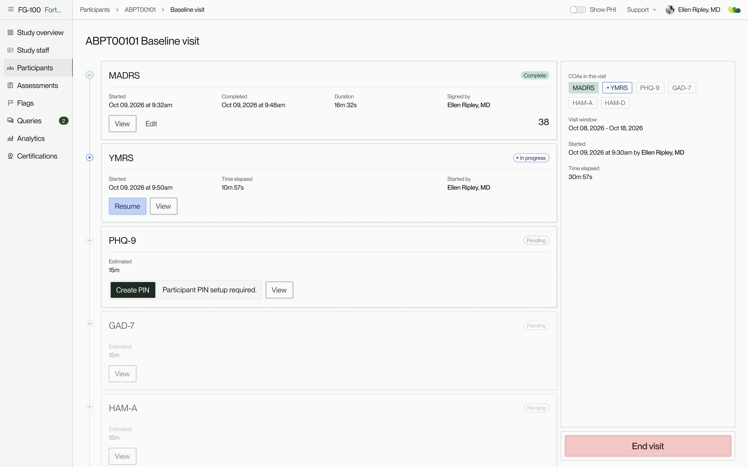 A baseline visit, showing completed, in-progress and pending assessments. Recreated with sample data.
